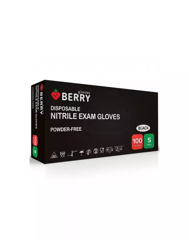 Vienkartinės nitrilinės pirštinės BERRY Black S, juodos, 100 vnt.