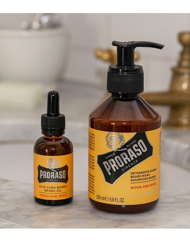 Proraso Duo Pack Wood & Spice Beard Oil & Shampoo Barzdos priežiūros rinkinys, 1vnt