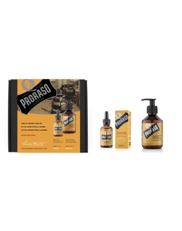 Proraso Duo Pack Wood & Spice Beard Oil & Shampoo Barzdos priežiūros rinkinys, 1vnt