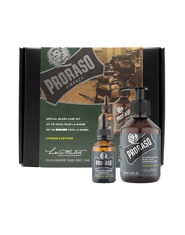 Proraso Duo Pack Cypress & Vetyver Beard Oil & Shampoo Barzdos priežiūros rinkinys, 1vnt