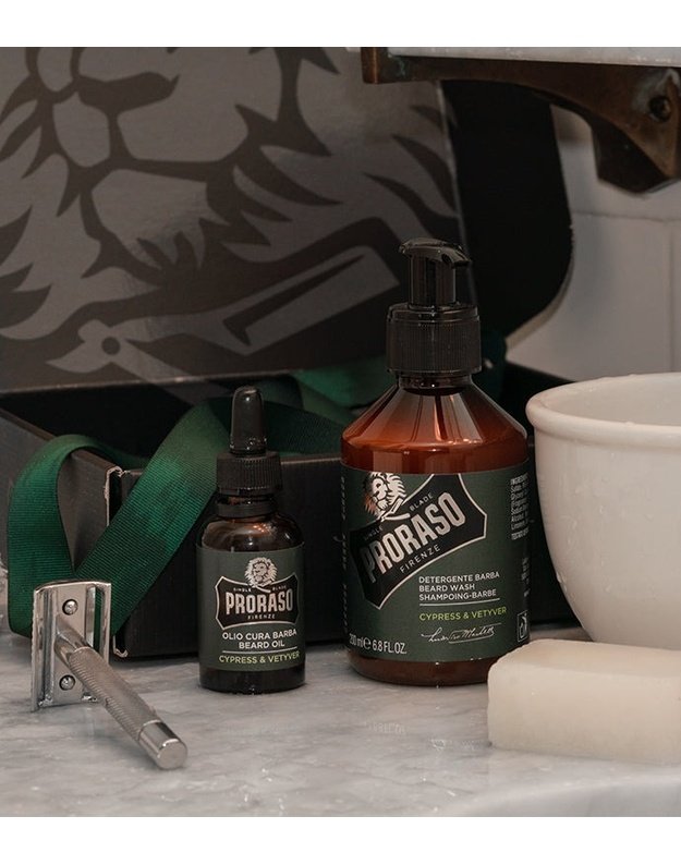 Proraso Duo Pack Cypress & Vetyver Beard Oil & Shampoo Barzdos priežiūros rinkinys, 1vnt