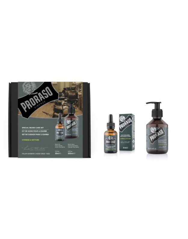 Proraso Duo Pack Cypress & Vetyver Beard Oil & Shampoo Barzdos priežiūros rinkinys, 1vnt