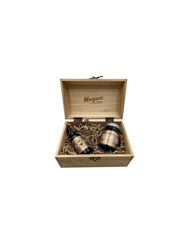 Barzdos ir plaukų priežiūros priemonių rinkinys Morgans Pomade Wooden Oudh & Amber Chest, 1vnt.